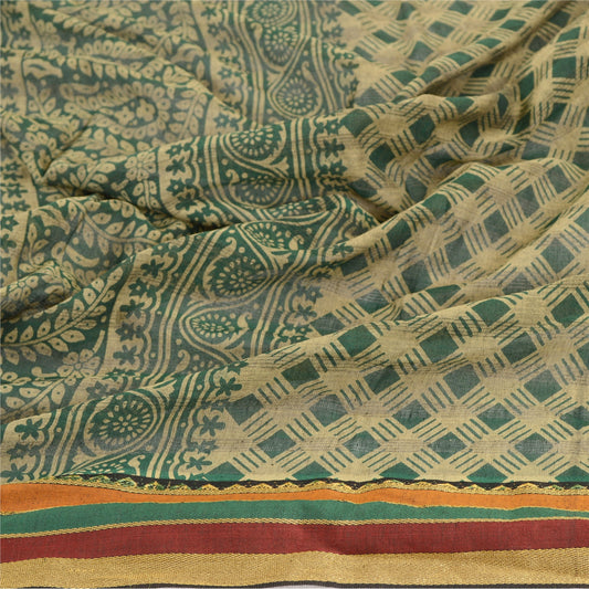 Sanskriti Vintage Dupatta Long Stole Cotton Green Hijab Printed Wrap Scarves