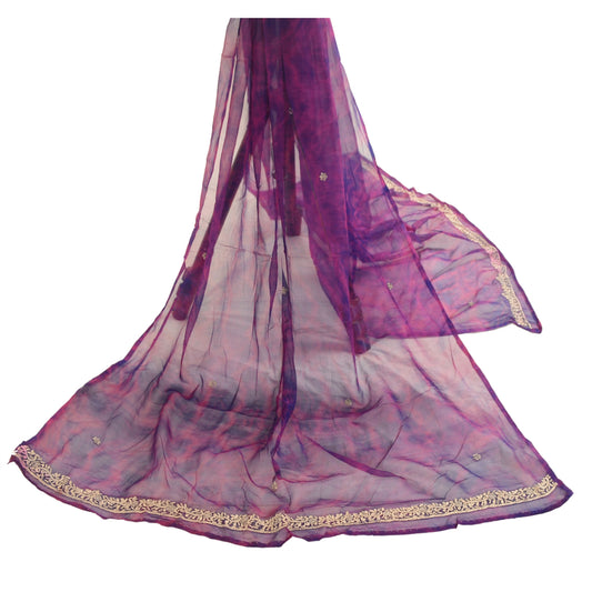 Sanskriti Vintage Dupatta Long Stole Pure Chiffon Silk Purple Handmade Tie-Dye