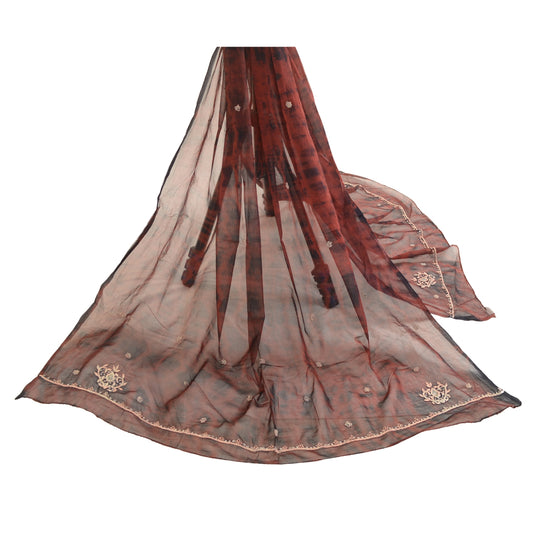 Sanskriti Vintage Dupatta Long Stole Chiffon Dark Red Hand Beaded Tie-Dye Veil