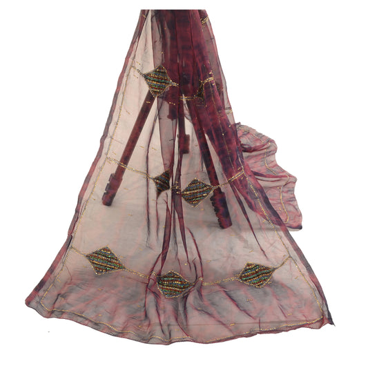 Sanskriti Vintage Dupatta Long Stole Chiffon Purple Hand Beaded Tie-Dye Scarves