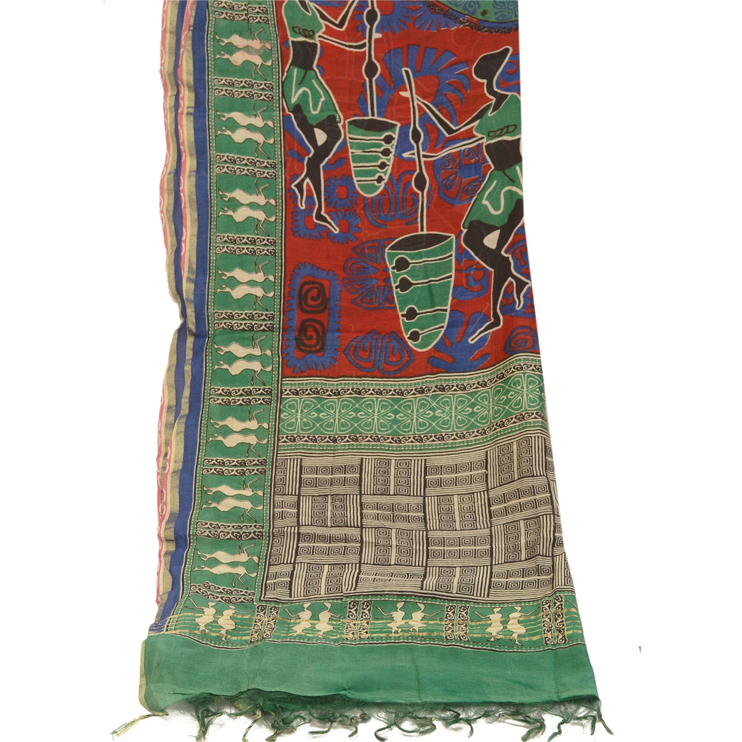 Sanskriti Vintage Dupatta Long Stole Pure Chanderi Silk Green Printed Scarves