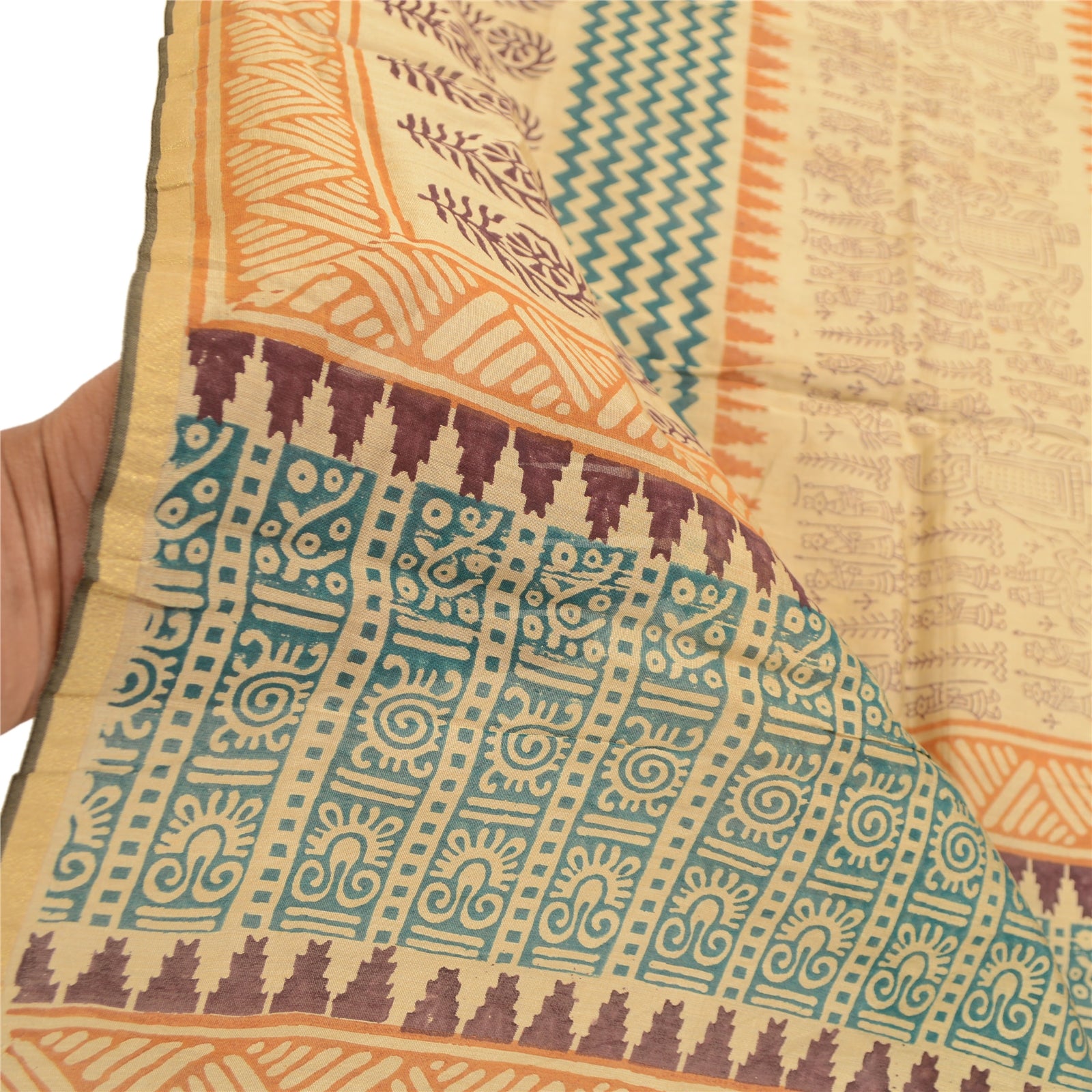 Sanskriti Vintage Dupatta Long Stole Cotton Ivory Hand Block Printed Scarves