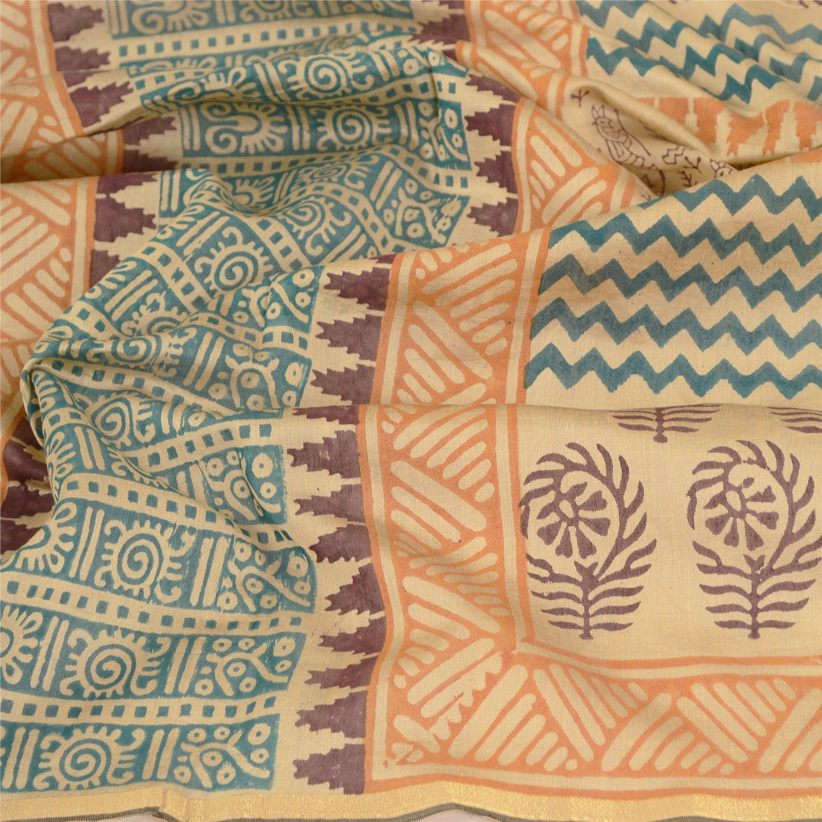 Sanskriti Vintage Dupatta Long Stole Cotton Ivory Hand Block Printed Scarves