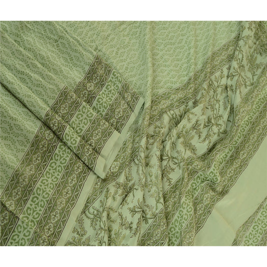 Sanskriti Vintage Dupatta Lang Stola Ren Crepe Silke Grøn Hijab Trykte Tørklæder