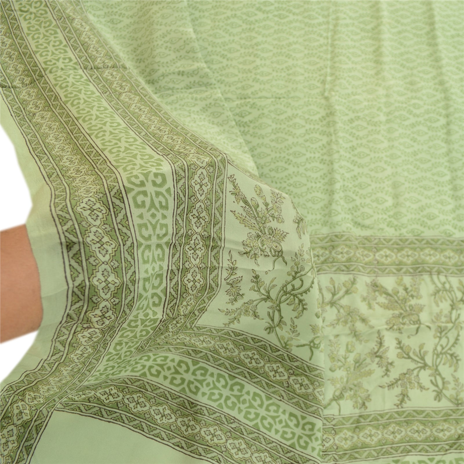 Sanskriti Vintage Dupatta Long Stole Pure Crepe Silk Green Hand Block Print Veil
