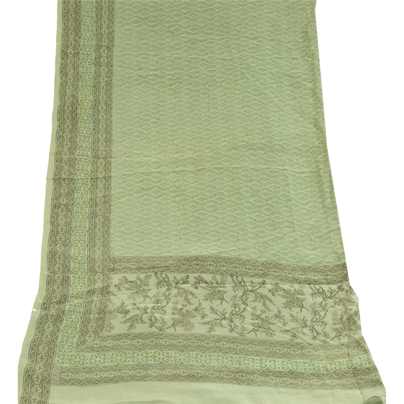 Sanskriti Vintage Dupatta Long Stole Pure Crepe Silk Green Hand Block Print Veil