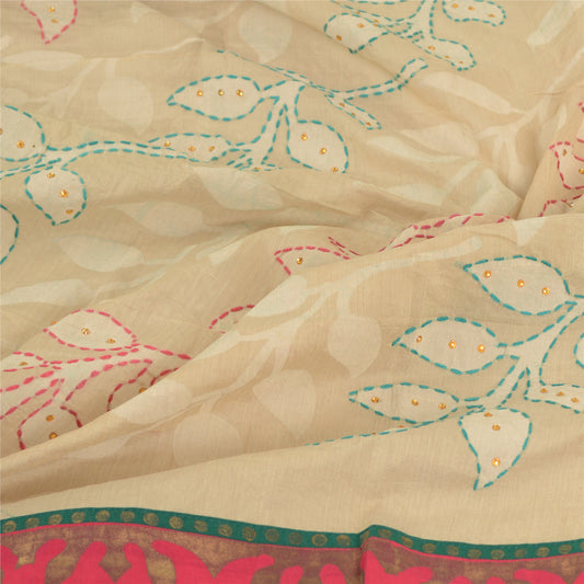 Sanskriti Vintage Dupatta Long Stole Cotton Ivory Handmade Kantha Wrap Scarves