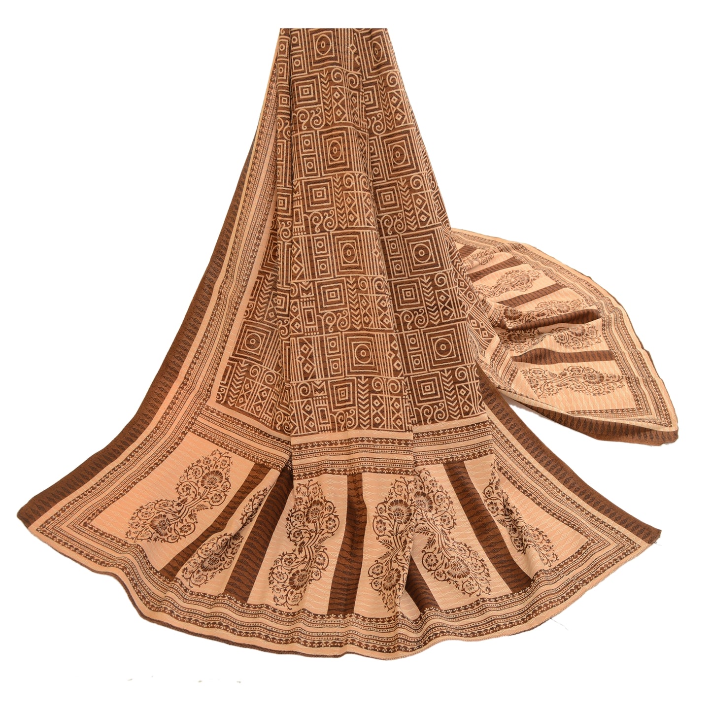 Sanskriti Vintage Dupatta Long Stole Art Silk Brown Printed Woven Scarves