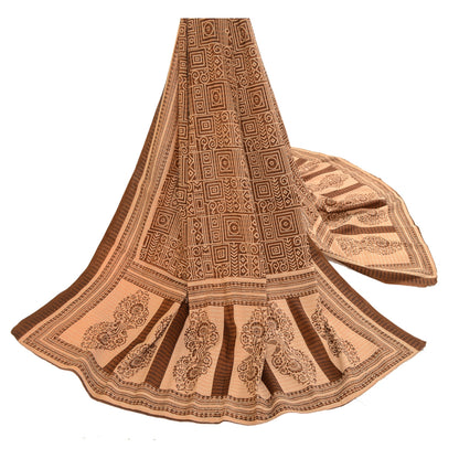 Sanskriti Vintage Dupatta Long Stole Art Silk Brown Printed Woven Scarves