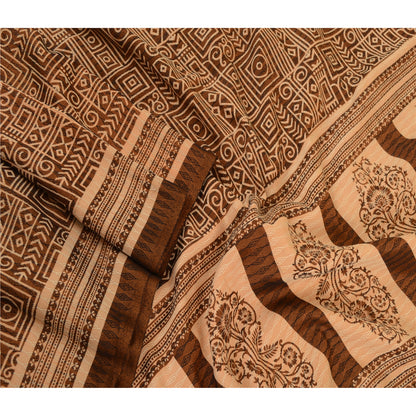 Sanskriti Vintage Dupatta Long Stole Art Silk Brown Printed Woven Scarves