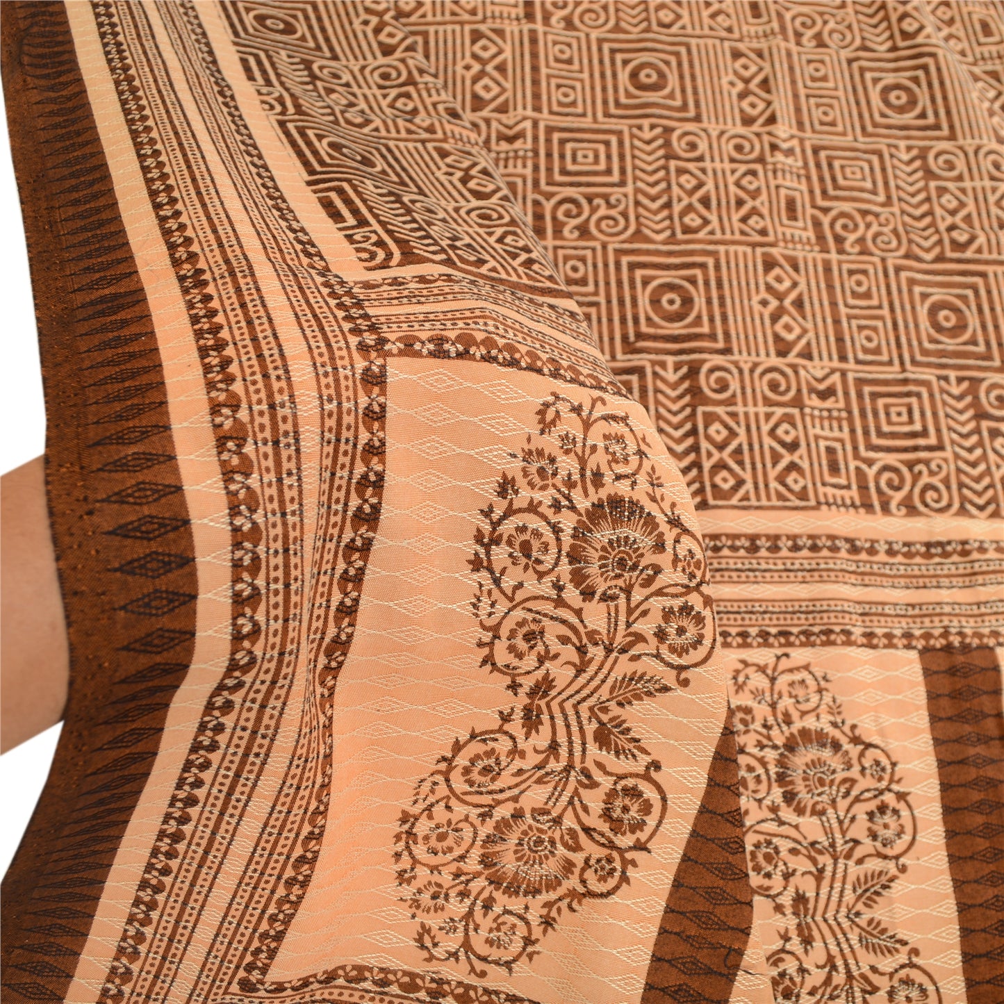 Sanskriti Vintage Dupatta Long Stole Art Silk Brown Printed Woven Scarves