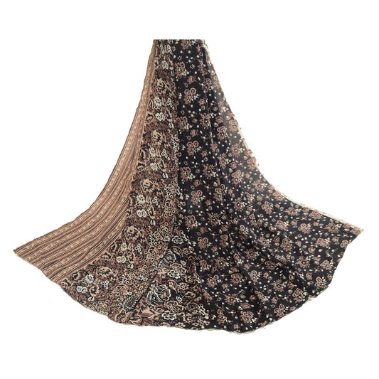 Sanskriti Vintage Dupatta Long Stole Blend Silk Black Hijab Printed Floral Veil