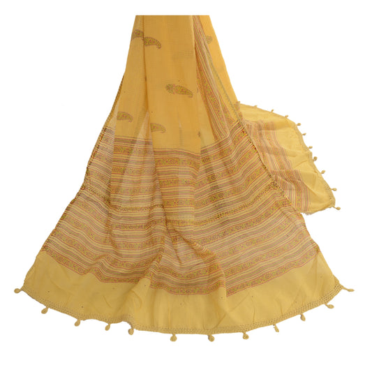 Sanskriti Vintage Dupatta Long Stole Pure Silk Yellow Printed Woven Floral Hijab