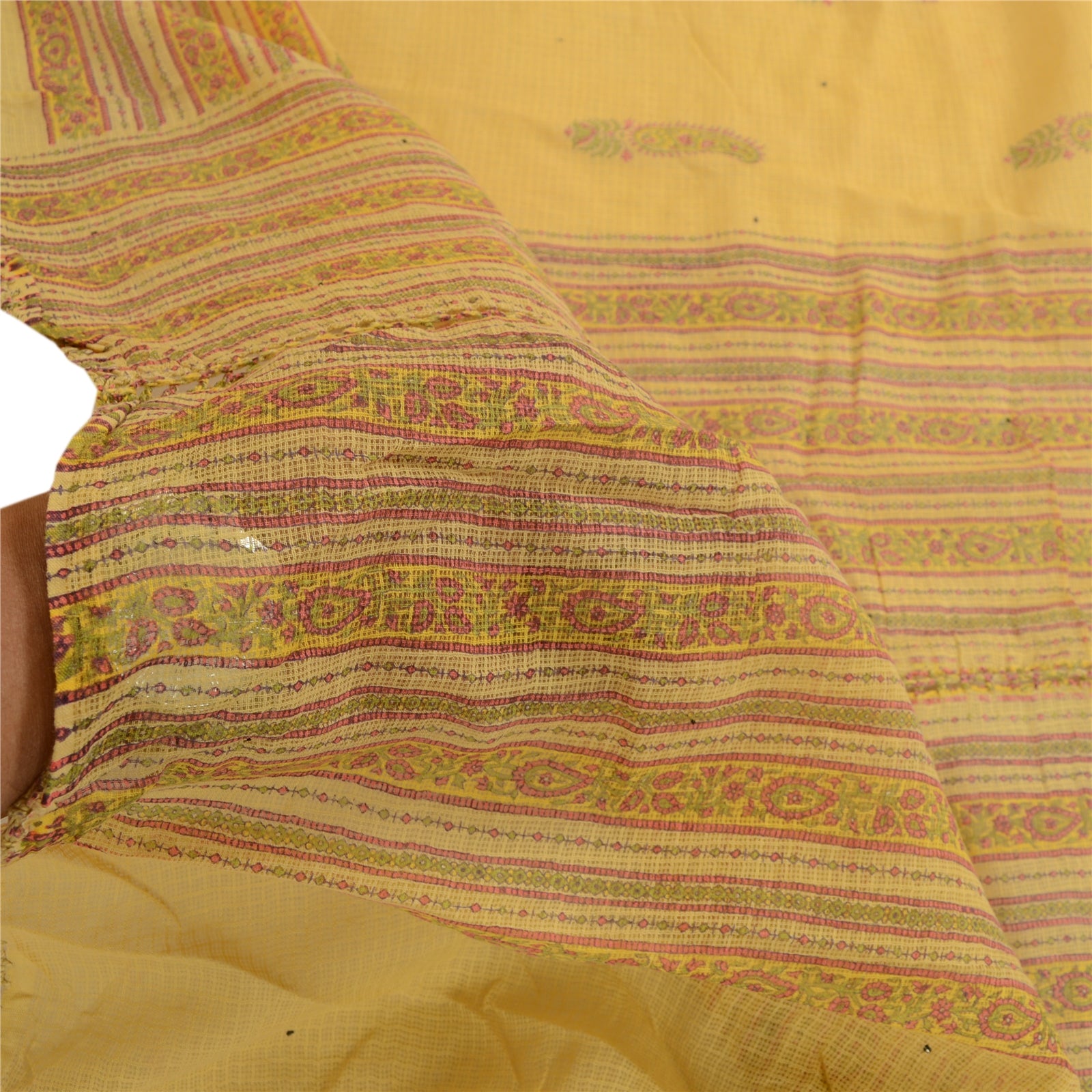 Sanskriti Vintage Yellow Dupatta Stole Pure Silk Hand Block Printed Kota Doria
