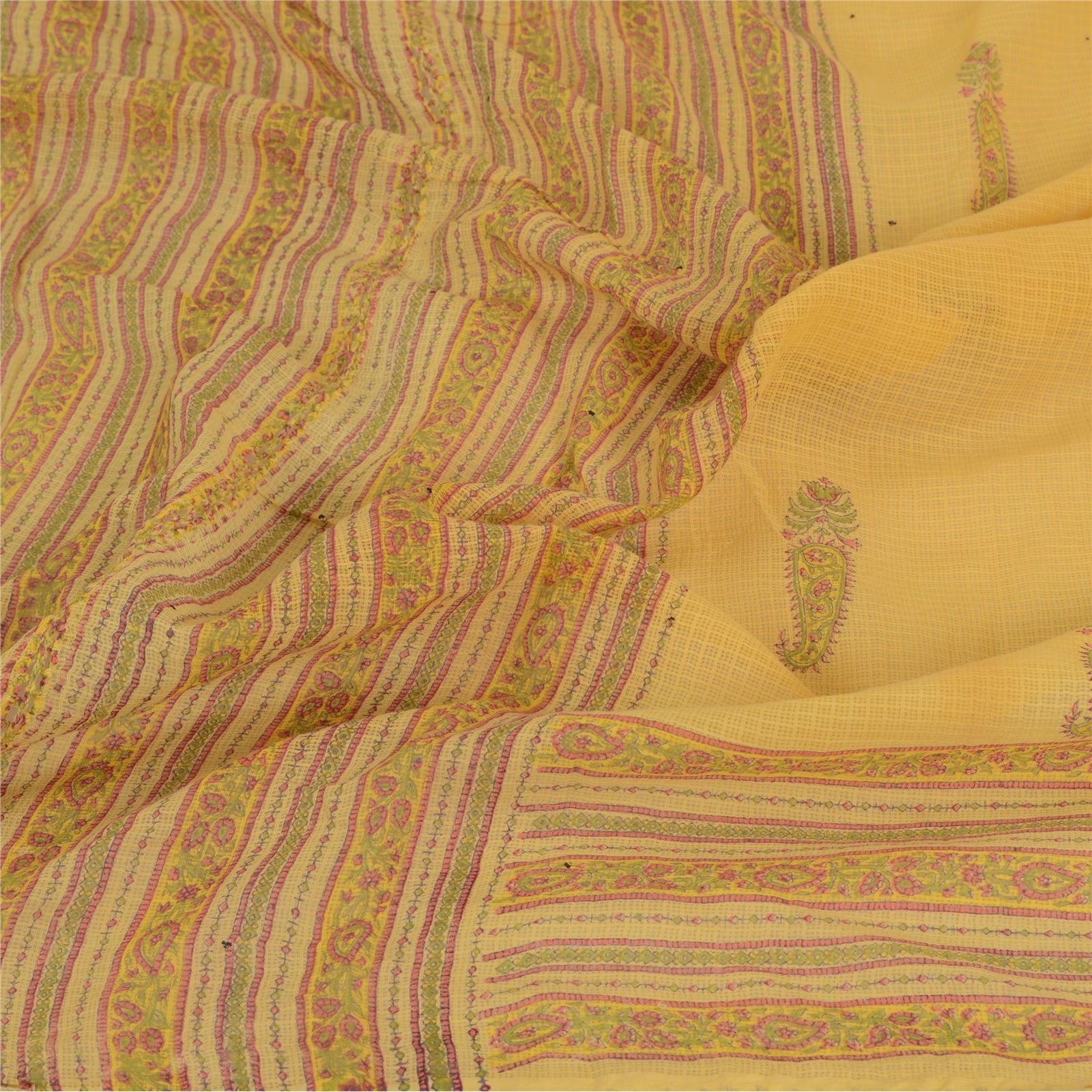 Sanskriti Vintage Yellow Dupatta Stole Pure Silk Hand Block Printed Kota Doria