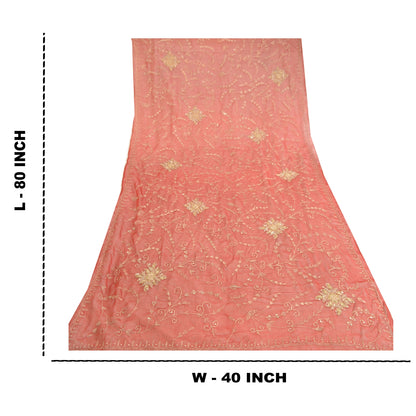 Sanskriti Vintage Dupatta Long Stole Chiffon Red Veil Hand Beaded Scarves