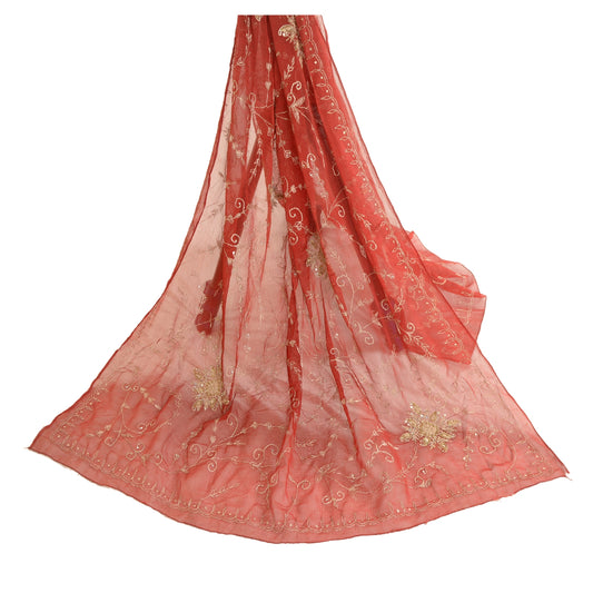 Sanskriti Vintage Dupatta Long Stole Chiffon Red Veil Hand Beaded Scarves