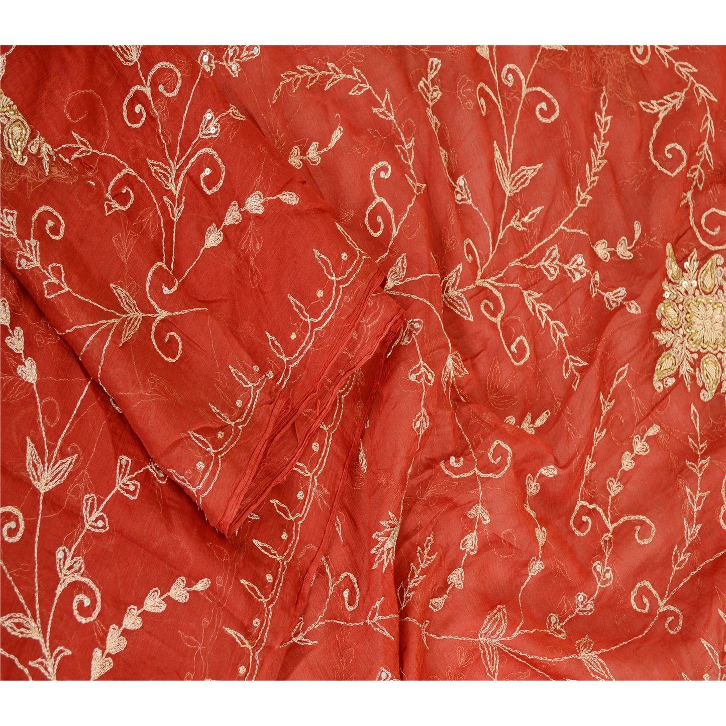 Sanskriti Vintage Dupatta Long Stole Chiffon Red Veil Hand Beaded Scarves