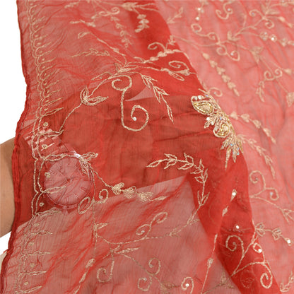 Sanskriti Vintage Dupatta Long Stole Chiffon Red Veil Hand Beaded Scarves