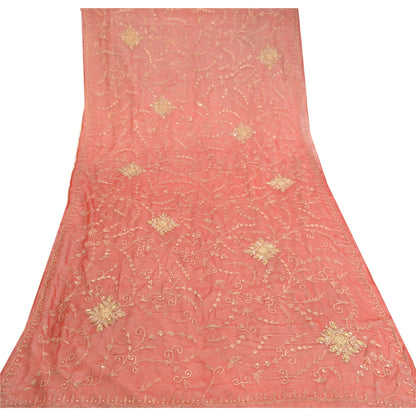 Sanskriti Vintage Dupatta Long Stole Chiffon Red Veil Hand Beaded Scarves