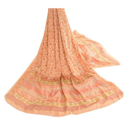 Sanskriti Vintage Dupatta Long Stole Pure Silk Peach Block Printed Woven Scarves