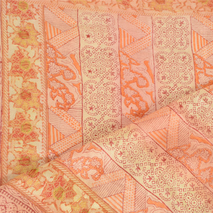 Sanskriti Vintage Dupatta Long Stole Pure Silk Peach Block Printed Woven Scarves