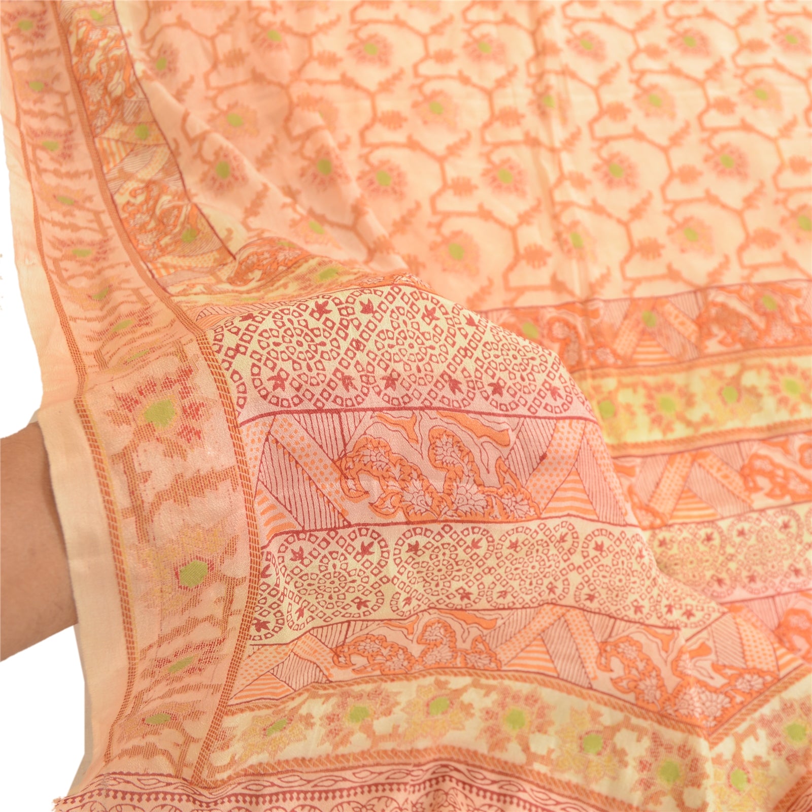 Sanskriti Vintage Peach Dupatta Stole Pure Silk Hand Block Printed Woven Scarves