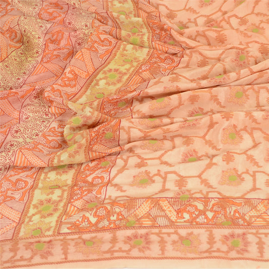 Sanskriti Vintage Dupatta Long Stole Pure Silk Peach Block Printed Woven Scarves
