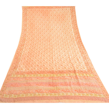 Sanskriti Vintage Dupatta Long Stole Pure Silk Peach Block Printed Woven Scarves