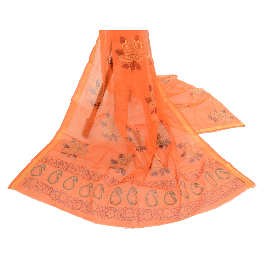 Sanskriti Vintage Dupatta Long Stole Cotton Orange Hand-Block Printed Kota Veil