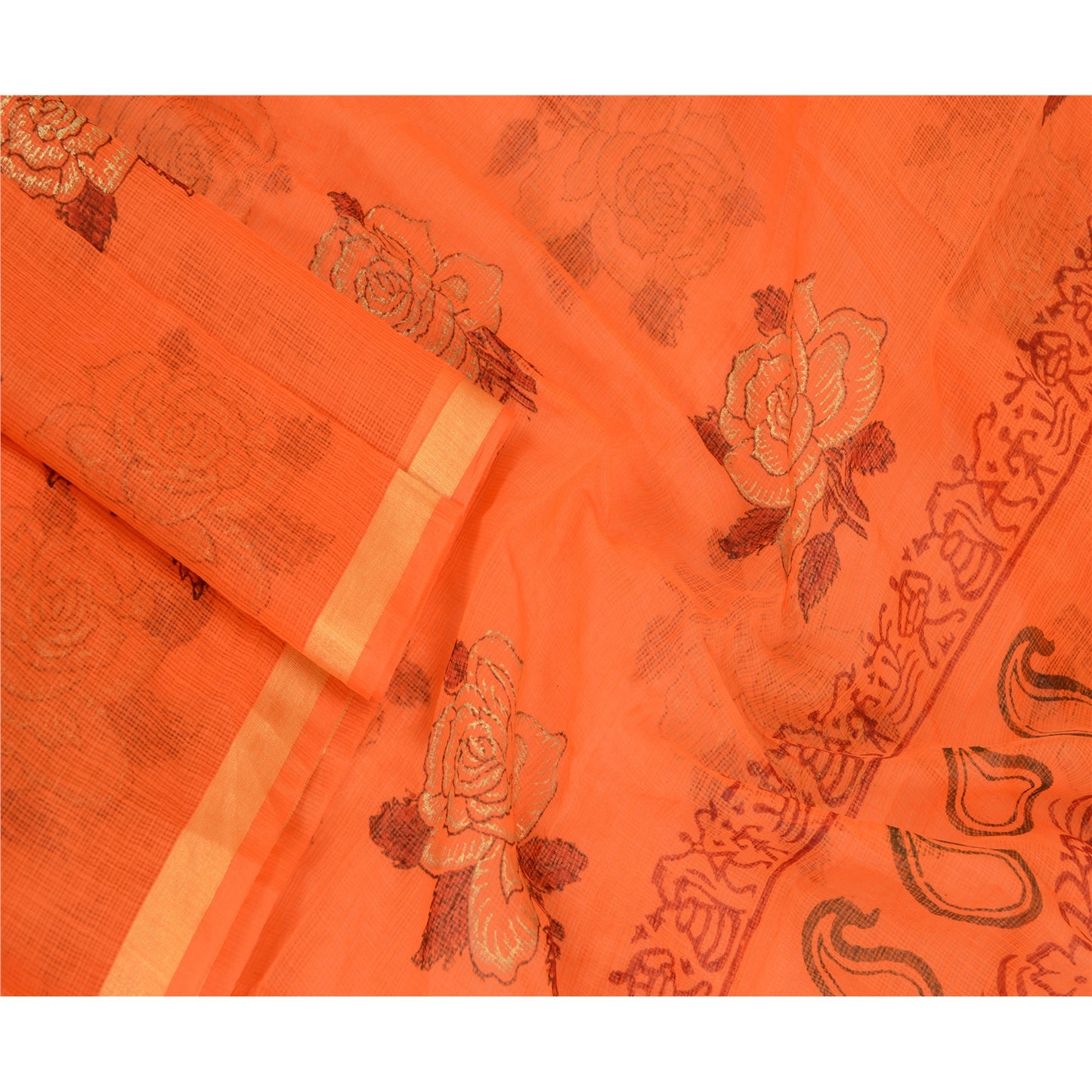Sanskriti Vintage Dupatta Lang Stol Bomuld Orange Håndbloktrykt Kota Slør