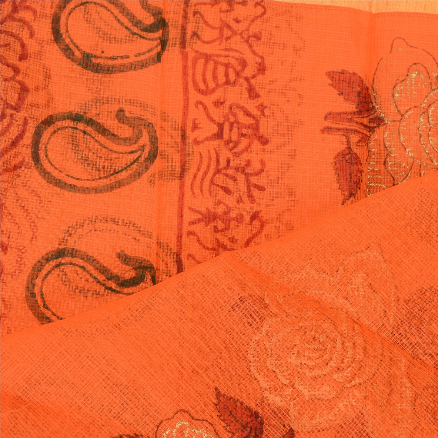 Sanskriti Vintage Dupatta Lang Stol Bomuld Orange Håndbloktrykt Kota Slør
