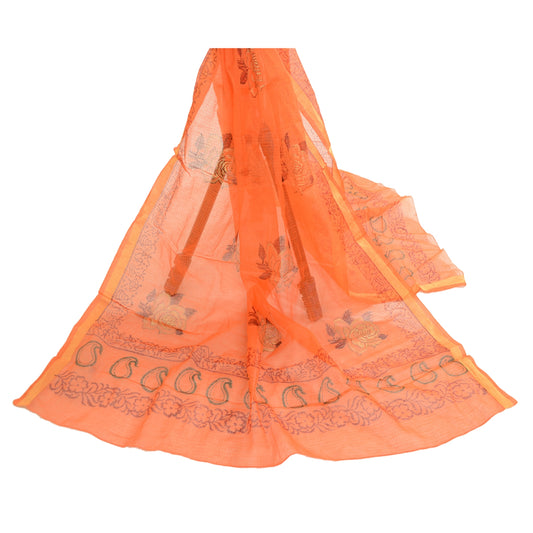 Sanskriti Vintage Dupatta Long Stole Cotton Orange Block Printed Warli Scarves