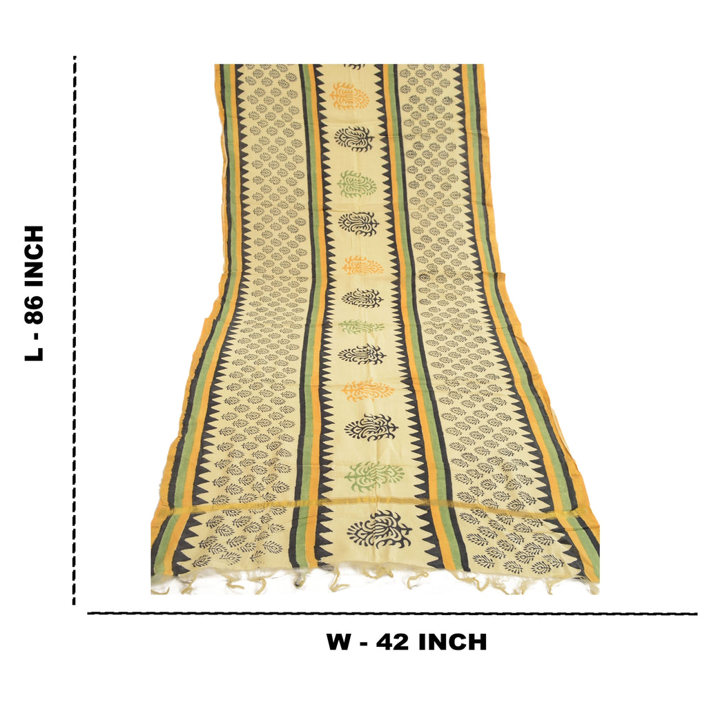 Sanskriti Vintage Dupatta Stole Pure Chanderi Silk Cream Hand Block Printed Veil