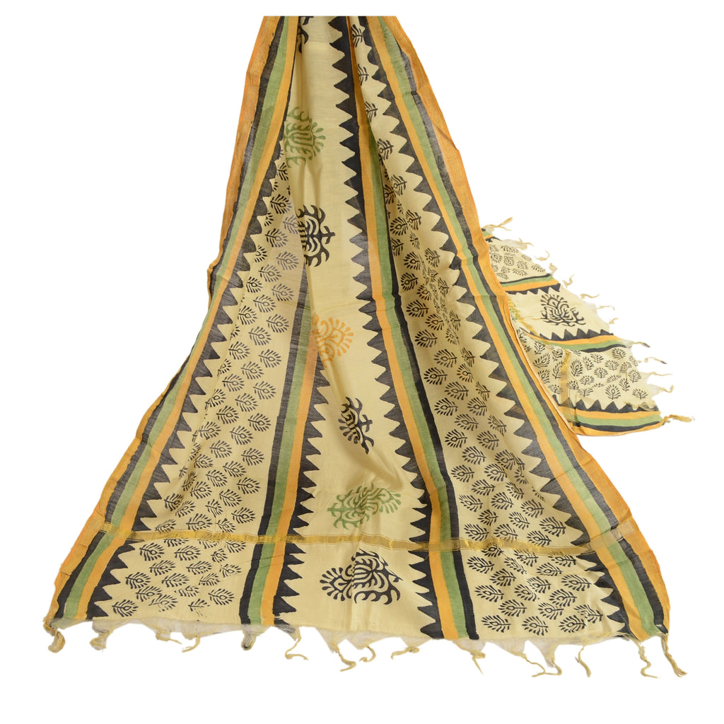 Sanskriti Vintage Dupatta Stole Pure Chanderi Silk Cream Hand Block Printed Veil