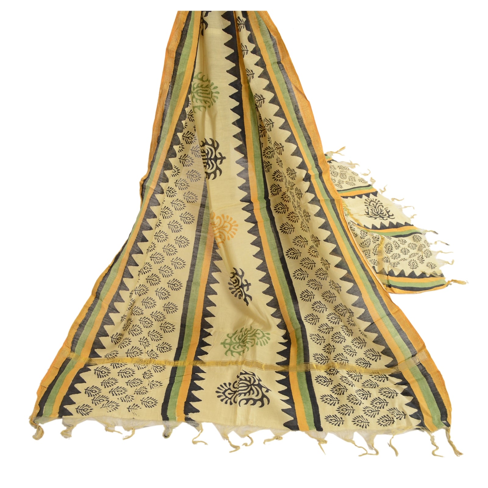 Sanskriti Vintage Dupatta Stole Pure Chanderi Silk Cream Hand Block Printed Veil