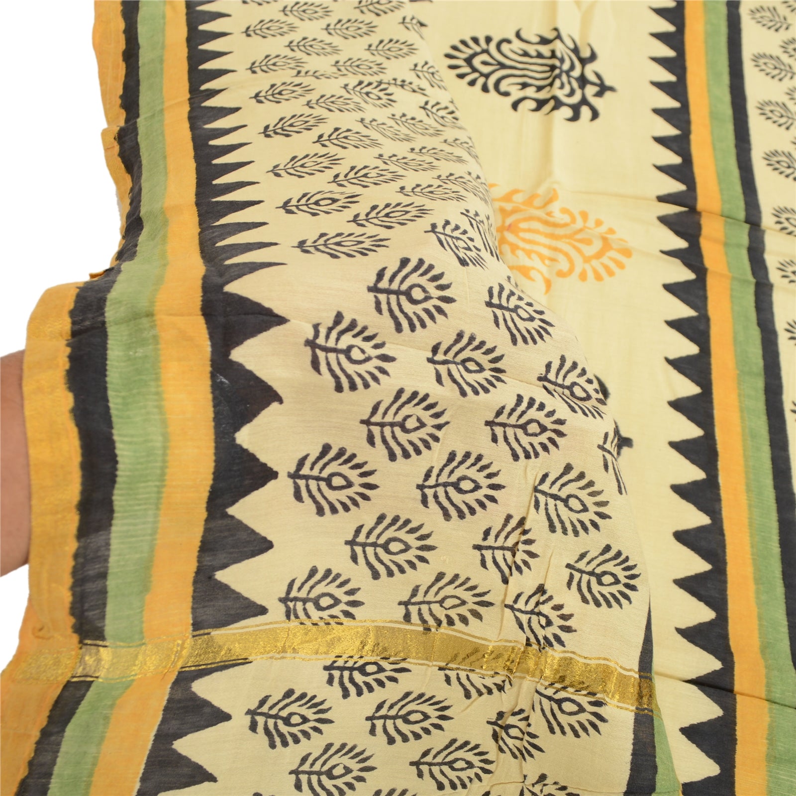 Sanskriti Vintage Dupatta Stole Pure Chanderi Silk Cream Hand Block Printed Veil