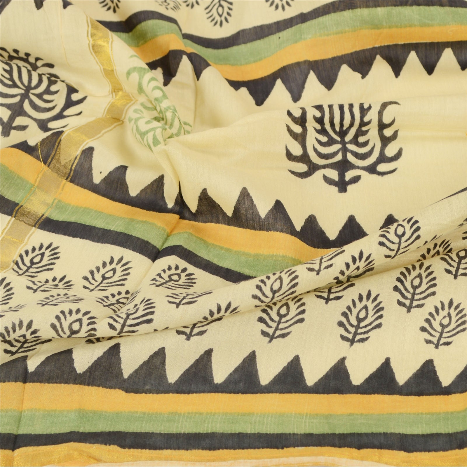 Sanskriti Vintage Dupatta Stole Pure Chanderi Silk Cream Hand Block Printed Veil