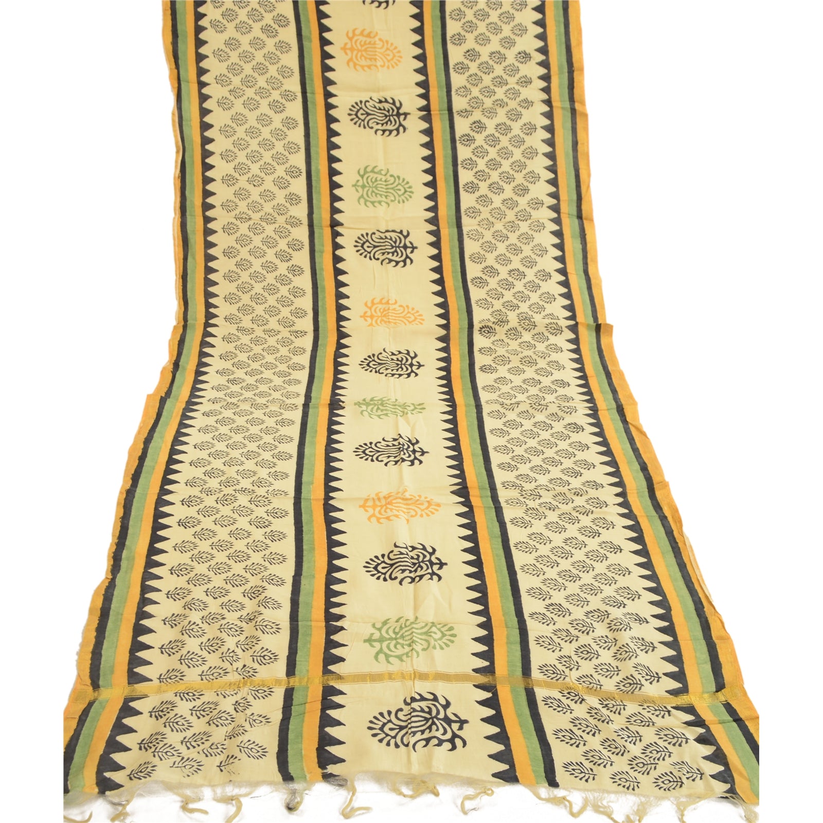 Sanskriti Vintage Dupatta Stole Pure Chanderi Silk Cream Hand Block Printed Veil