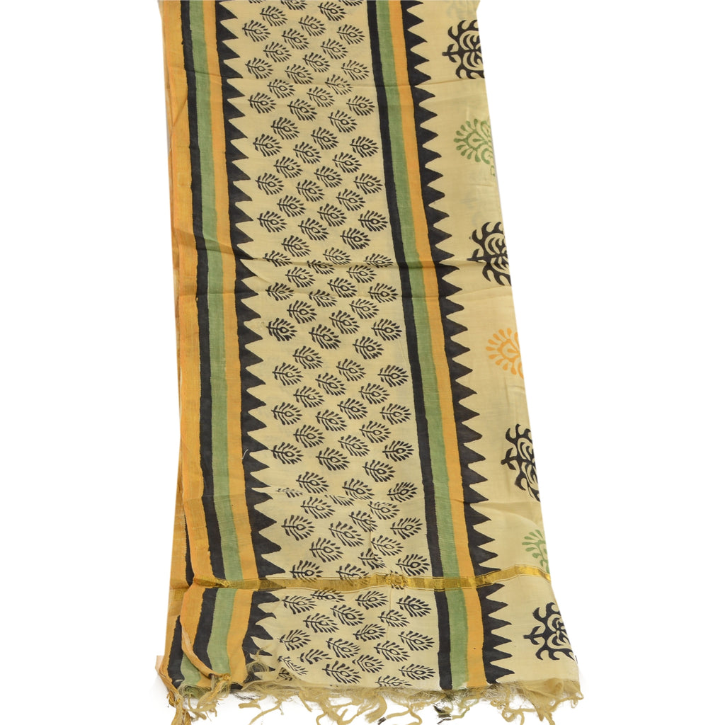 Sanskriti Vintage Dupatta Stole Pure Chanderi Silk Cream Hand Block Printed Veil