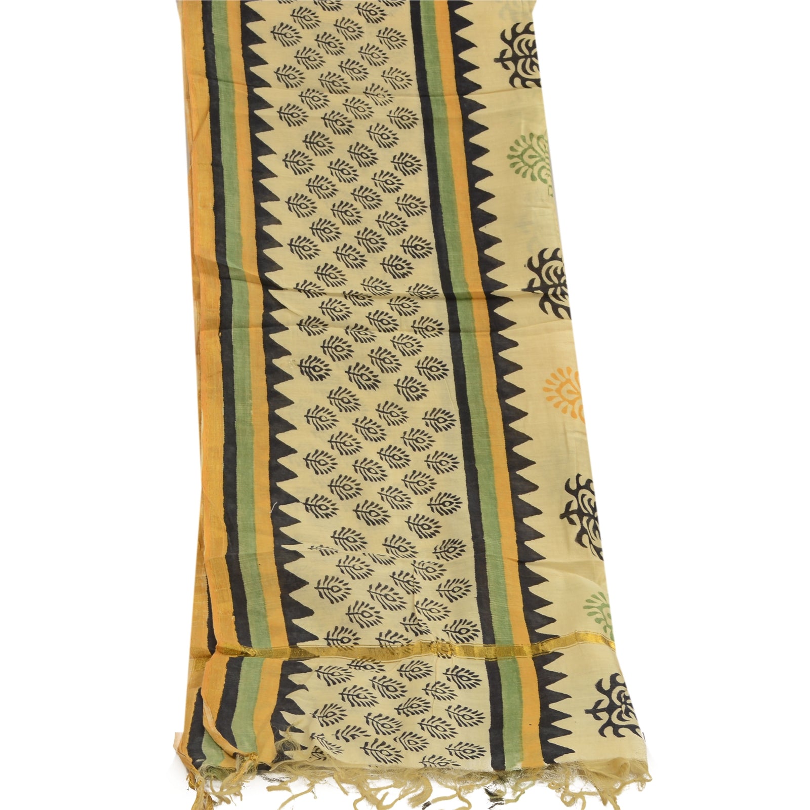 Sanskriti Vintage Dupatta Stole Pure Chanderi Silk Cream Hand Block Printed Veil