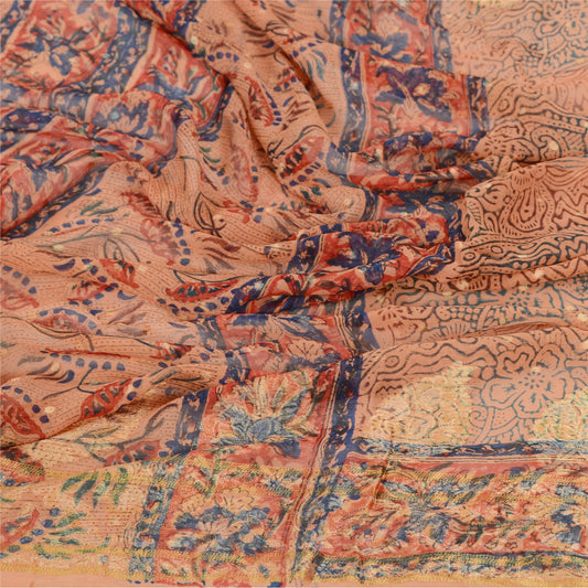 Sanskriti Vintage Dupatta Long Stole Pure Georgette Silk Peach Printed Scarves