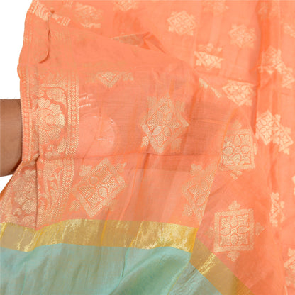 Sanskriti Vintage Dupatta Long Stole Chanderi Peach Hijab Woven Floral Scarves