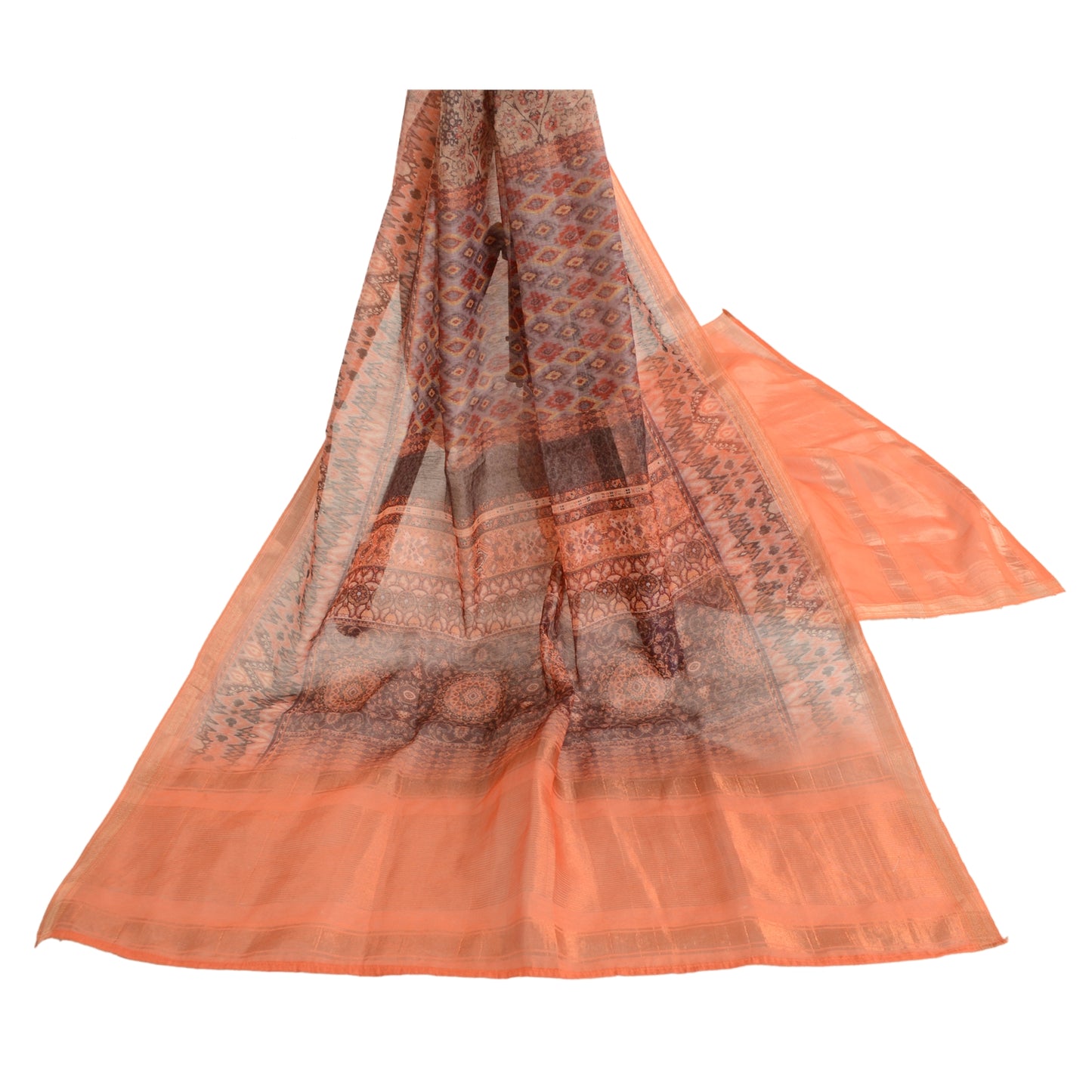 Sanskriti Vintage Dupatta Long Stole Chanderi Orange Hijab Printed Scarves