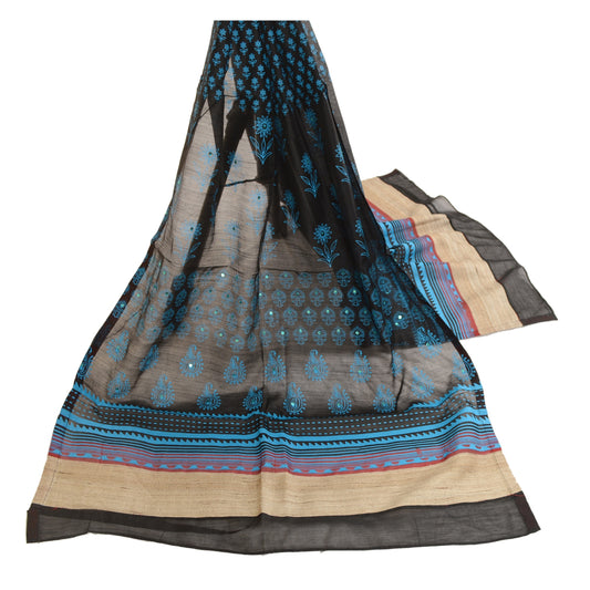 Sanskriti Vintage Dupatta Long Stole Cotton Black Hand Beaded Block Print Veil