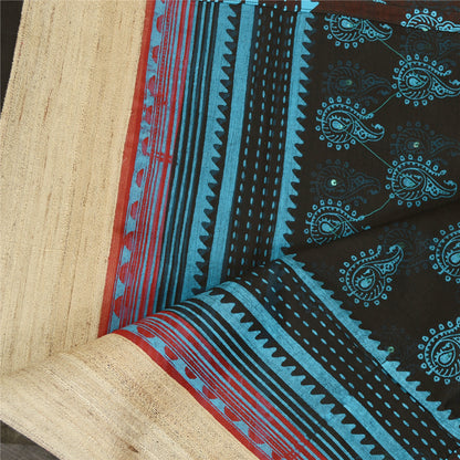 Sanskriti Vintage Dupatta Lang Stola Bomuld Sort Håndperlet Bloktrykt Slør