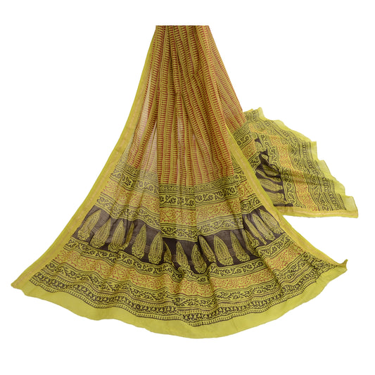 Sanskriti Vintage Dupatta Long Stole Chanderi Silk Green Block Printed Woven
