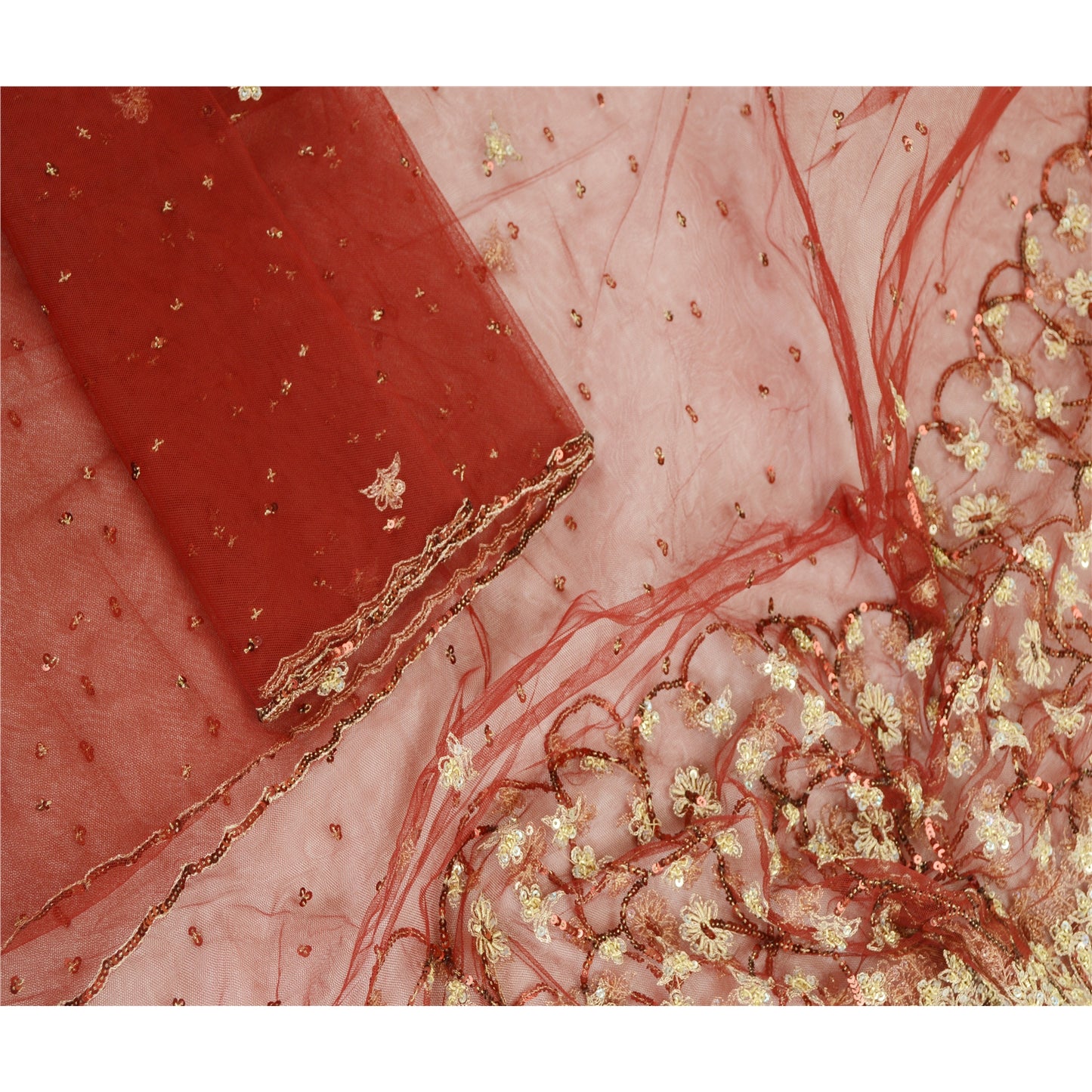 Sanskriti Vintage Dupatta Long Stole Net Mesh Dark Red Veil Hand Beaded Scarves