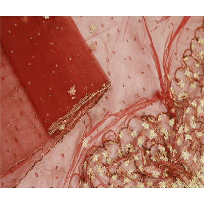 Sanskriti Vintage Dupatta Long Stole Net Mesh Dark Red Veil Hand Beaded Scarves