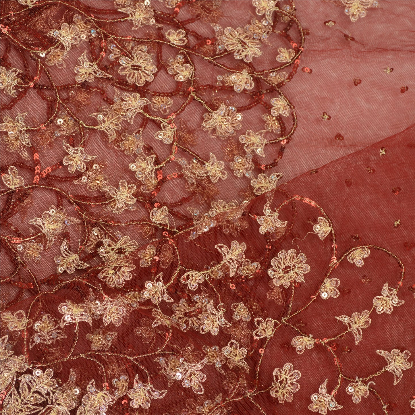 Sanskriti Vintage Dupatta Long Stole Net Mesh Dark Red Veil Hand Beaded Scarves